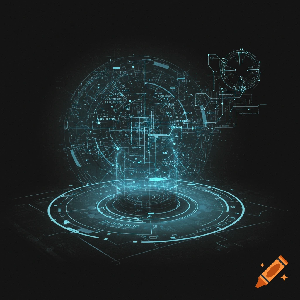 Abstract blue holographic technology interface or data visualization on a dark background, digital art.