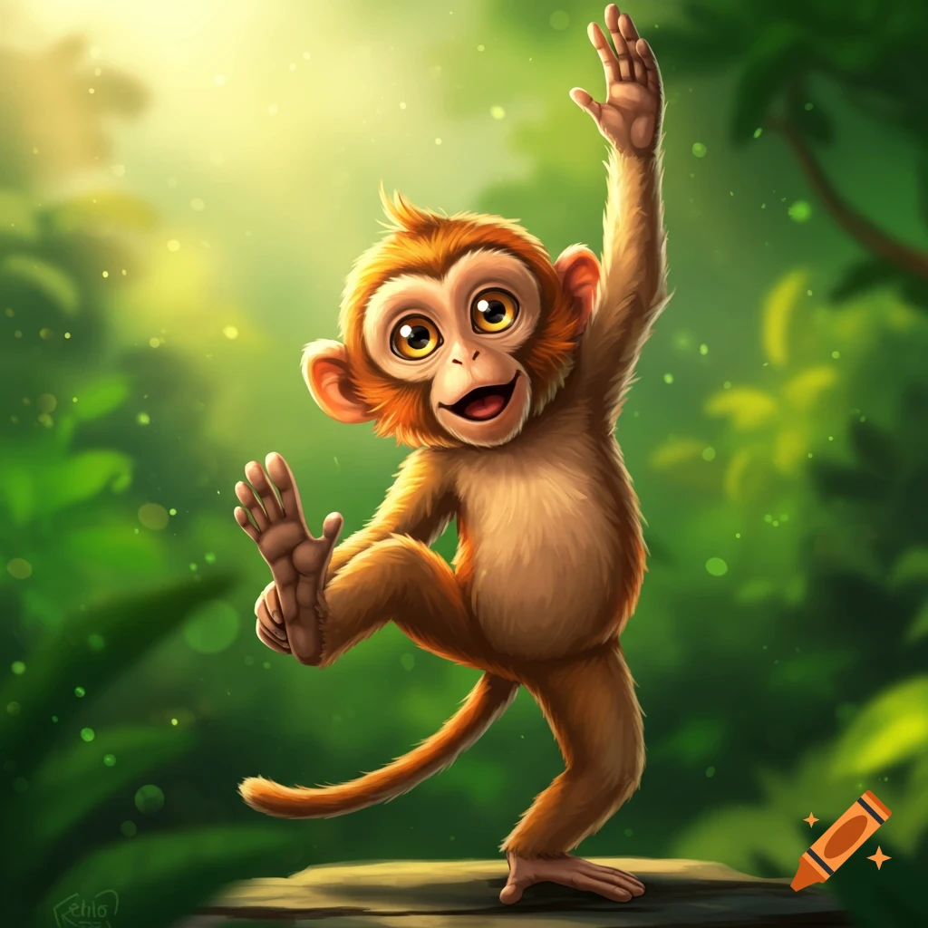 A cute cartoon monkey stands on a log, waving with one hand and raising a leg, in a lush jungle setting.