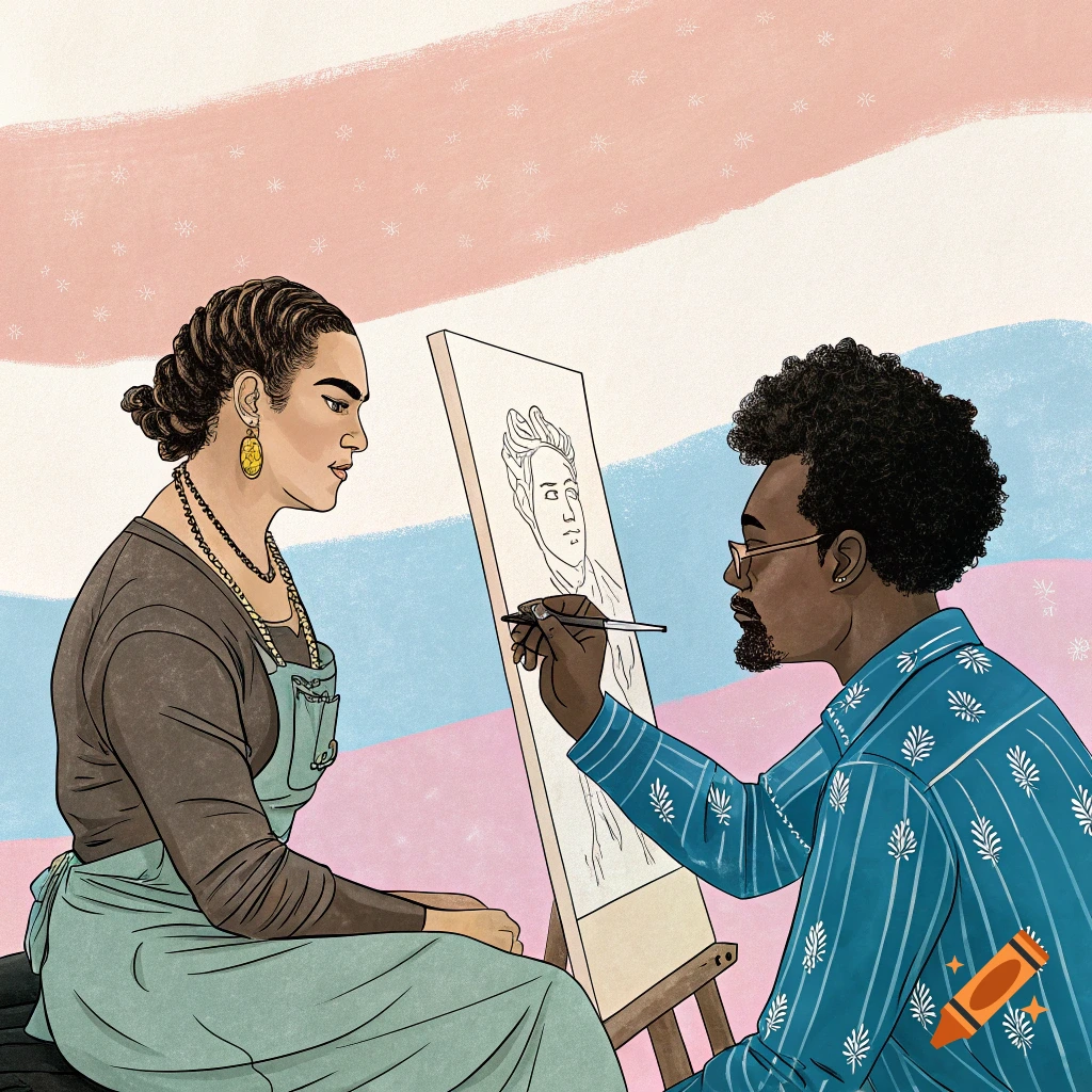 Illustration of a woman sitting as a man sketches her on an easel against a background with transgender flag colors.