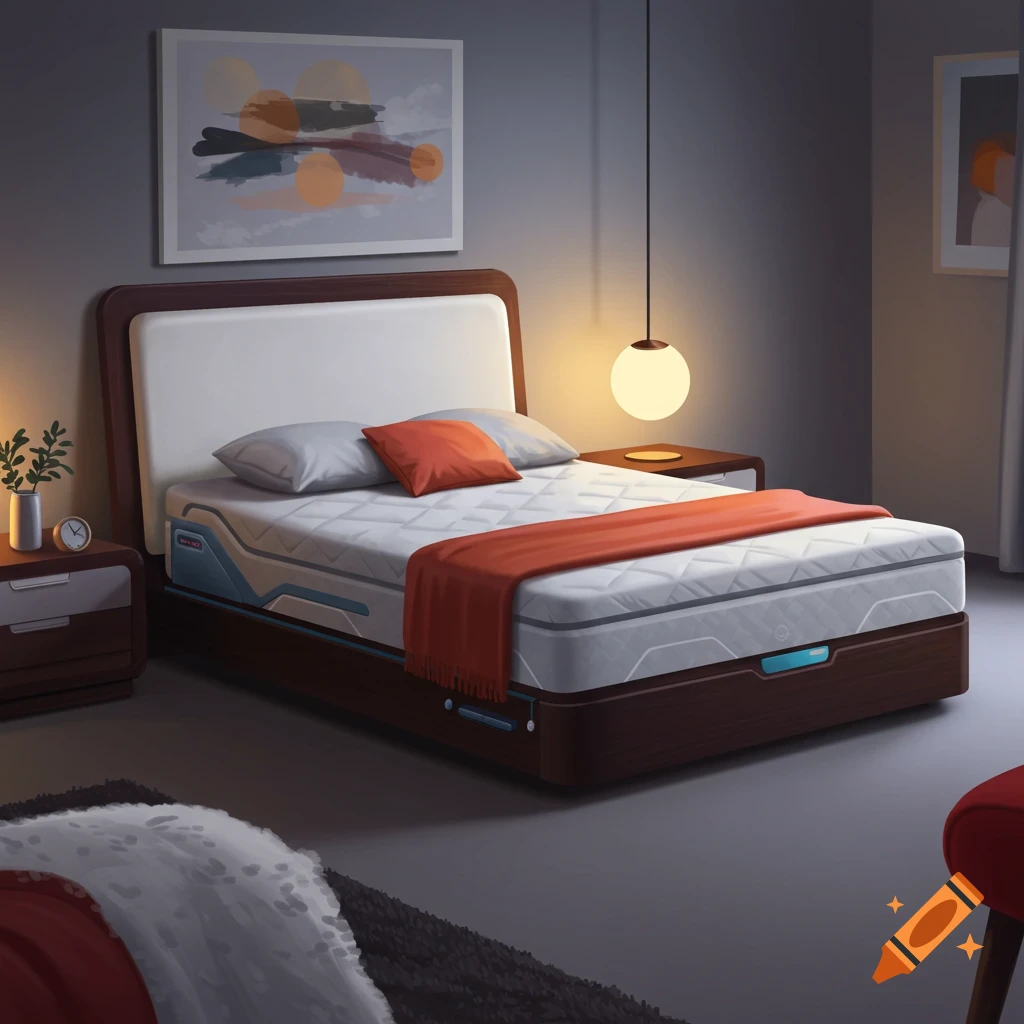 A modern bed in a bedroom.