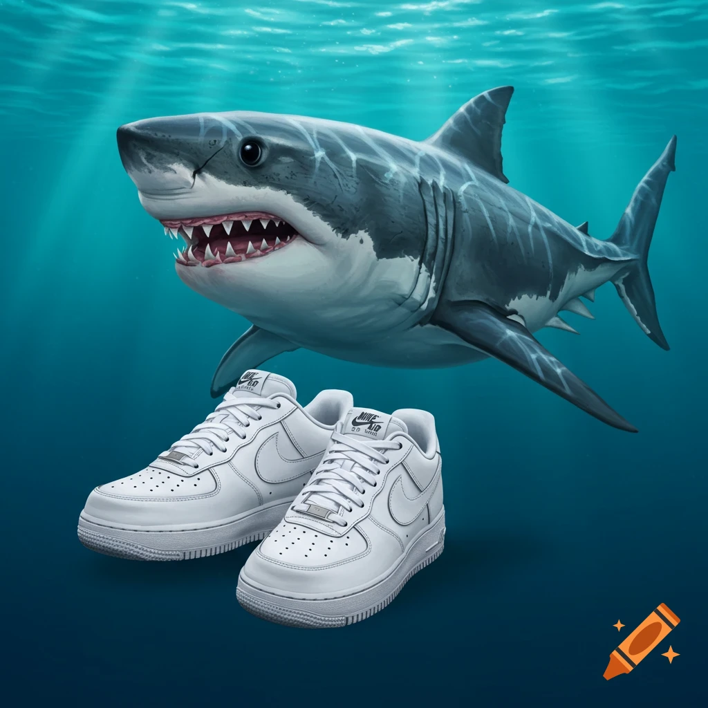A realistic great white shark swims underwater next to a pair of white Nike Air Force 1 sneakers.