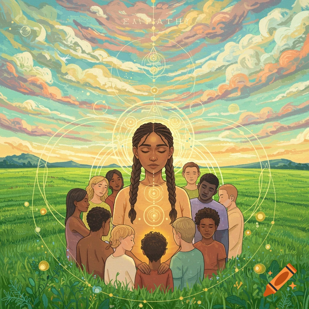 A diverse group surrounds a woman radiating light in a field under a colorful sky with geometric patterns.
