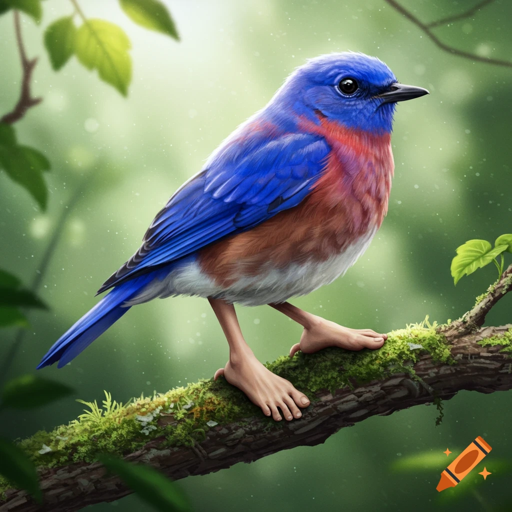 A blue and red bird with human feet is perched on a mossy branch.