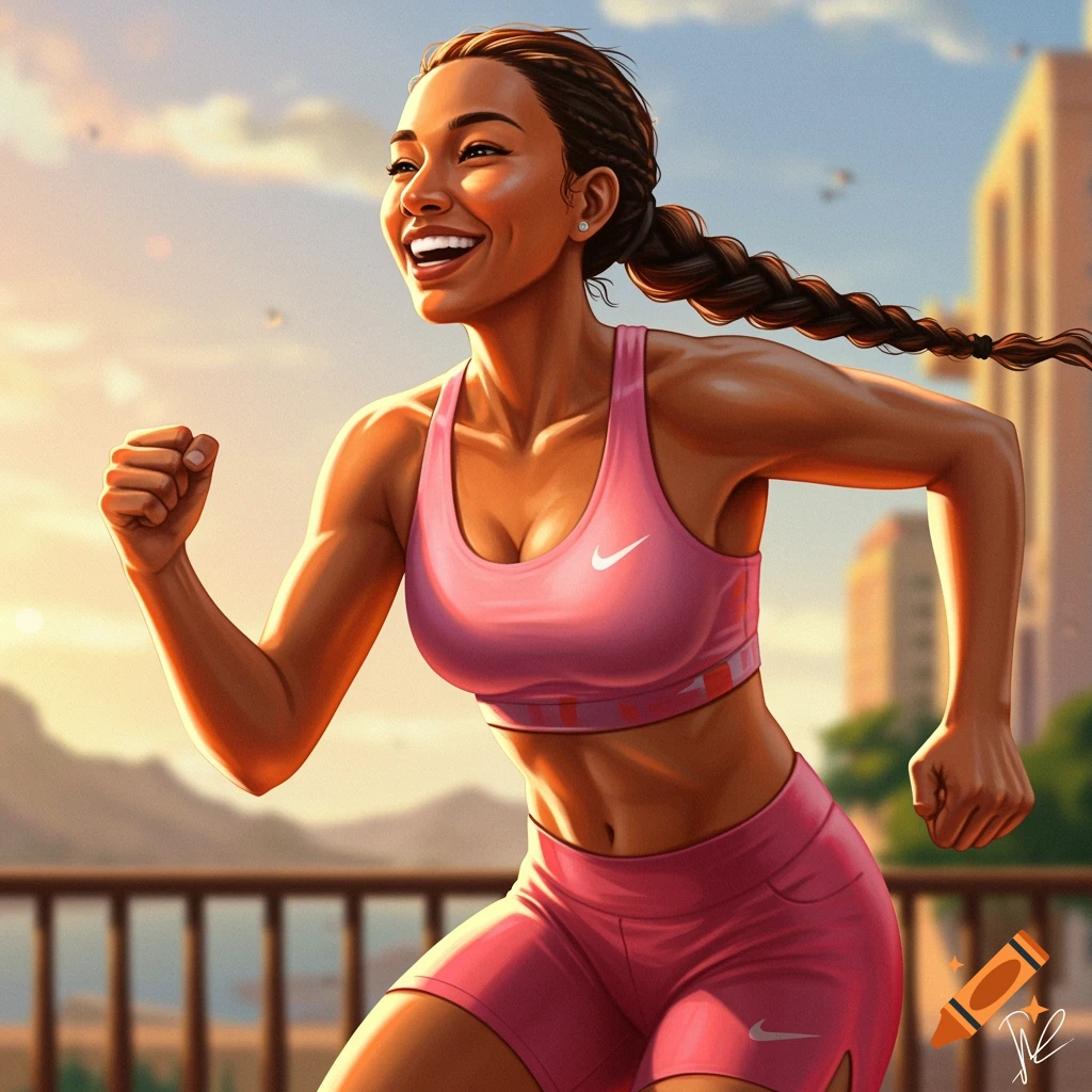 A woman runs outdoors in a pink sports bra and shorts under a sunny sky.