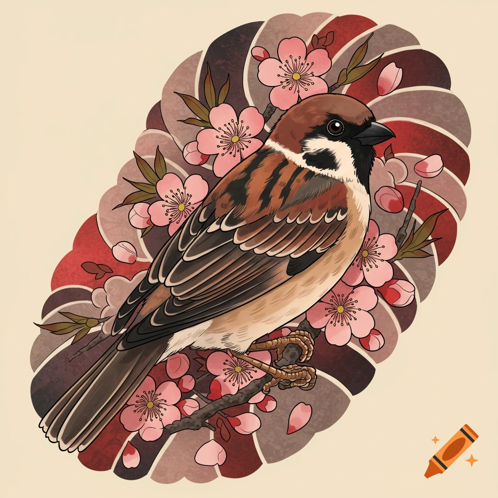Sparrow with cherry blossoms in Japanese tattoo art style
