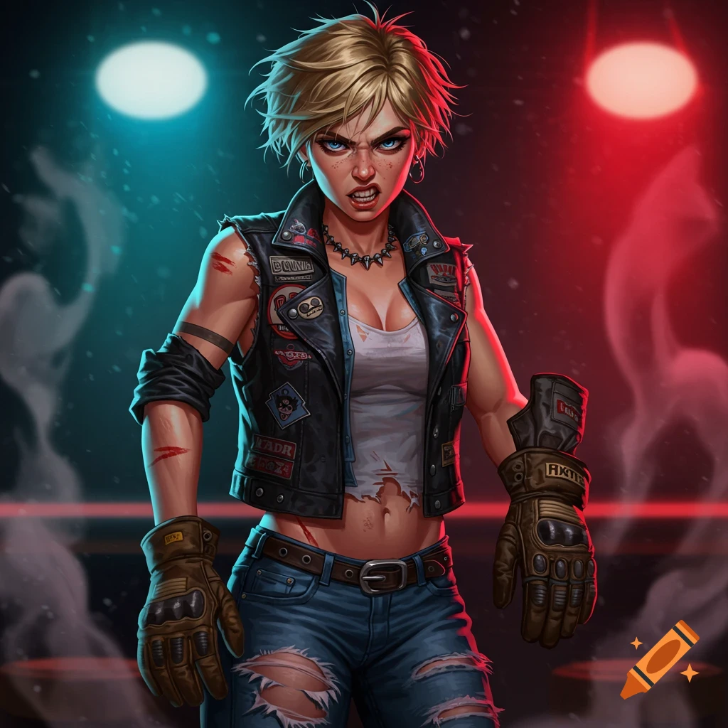 A short blonde haired biker girl in a leather vest and ripped jeans, with cuts and bruises, under red and blue lights.