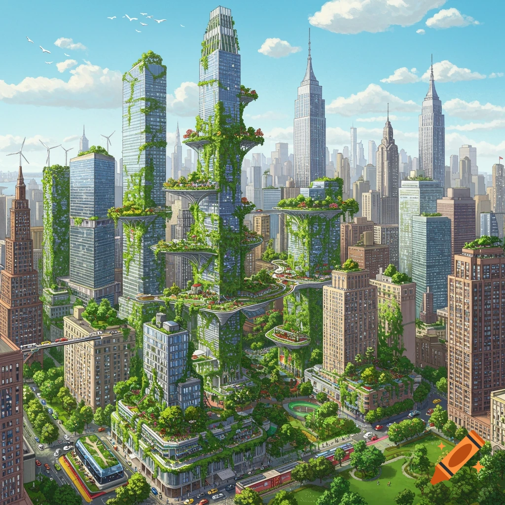 A futuristic green city with skyscrapers covered in plants and elevated walkways.
