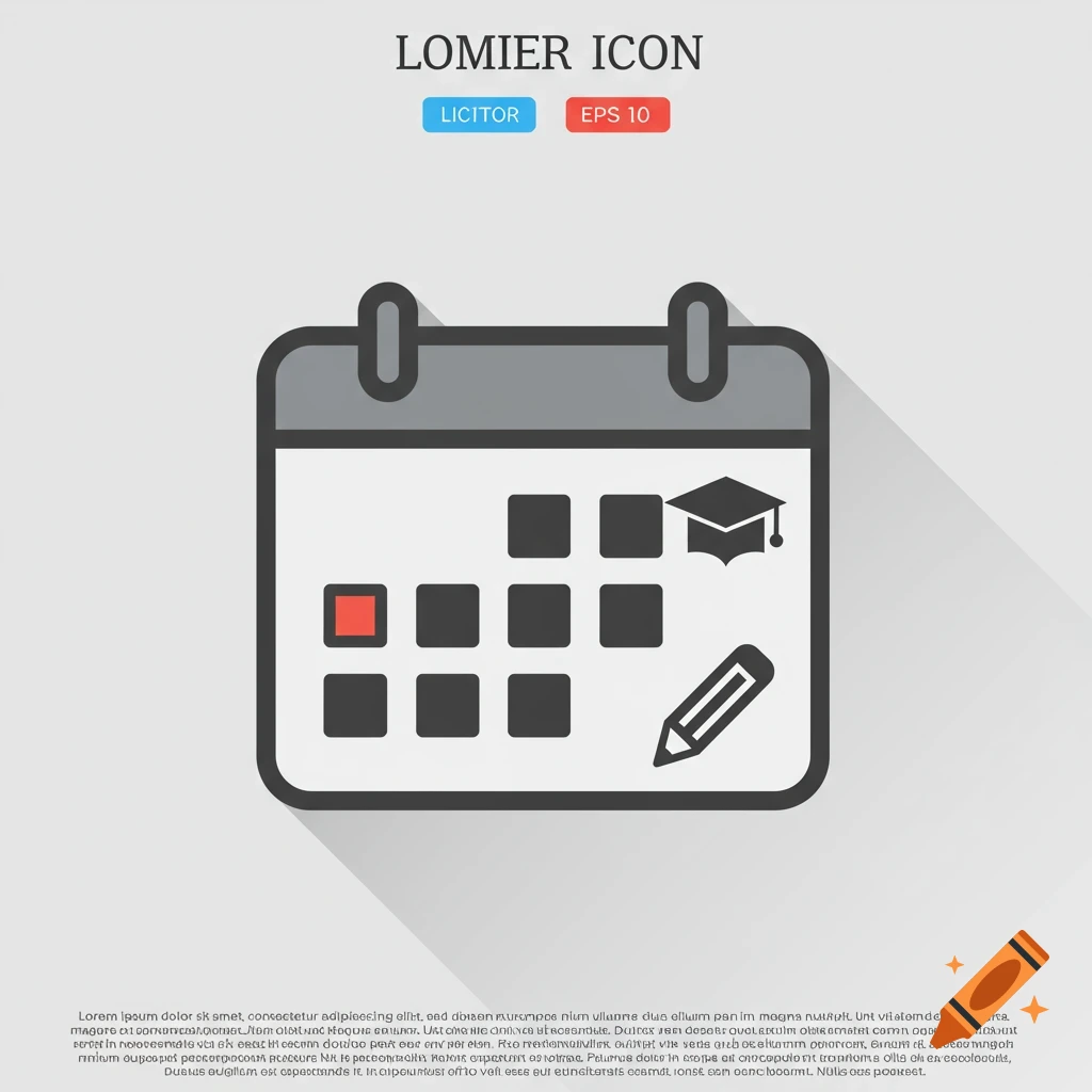 Icon of a calendar with a graduation cap and pencil, flat design style.