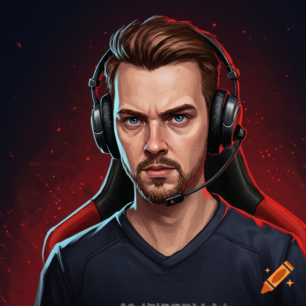 A male gamer wearing a headset, sitting in a gaming chair against a red and black background.