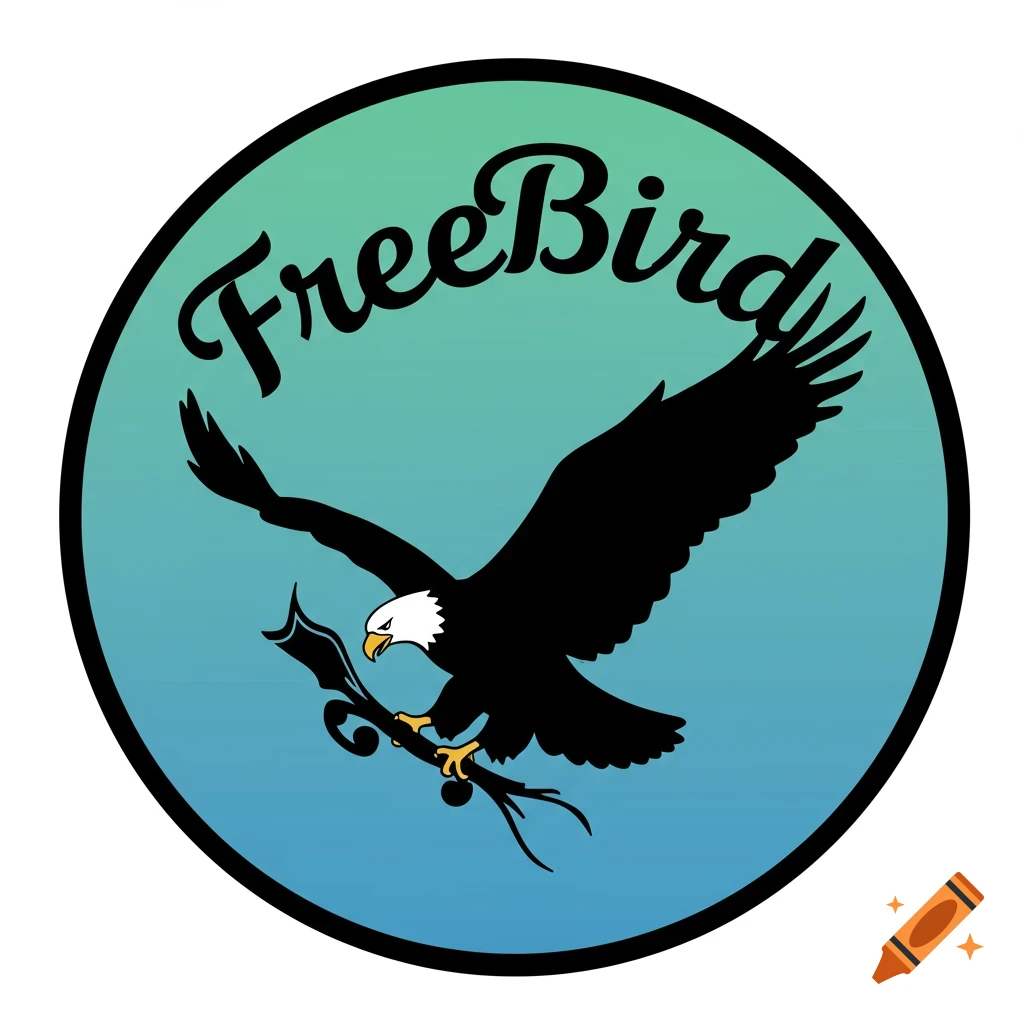 Logo with a black eagle carrying a branch inside a circle with a blue-green gradient background. The text 'FreeBird' arches above.