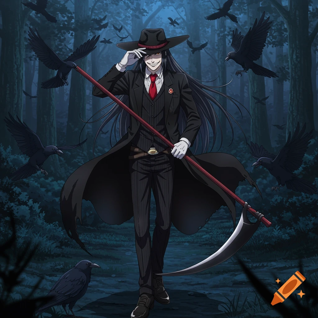 Anime man in hat and suit with scythe walks in forest with crows.