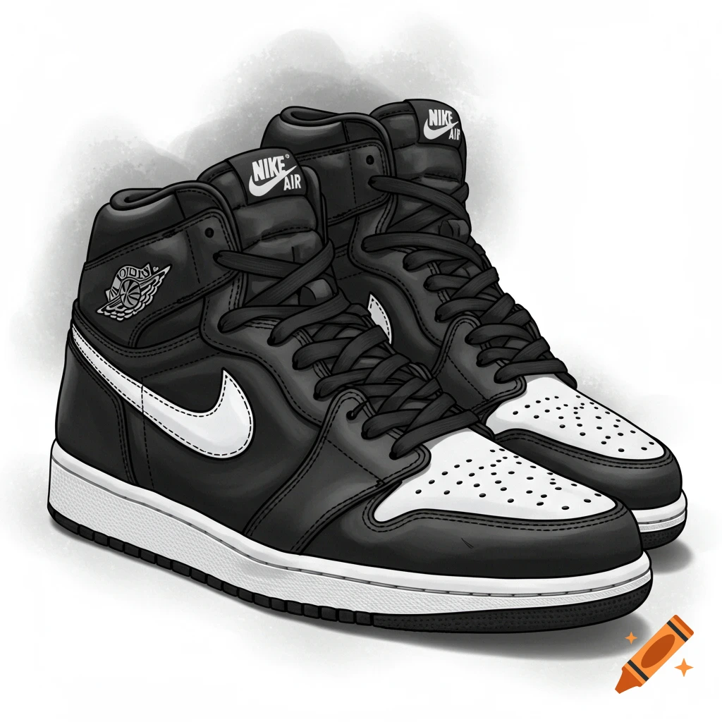 A pair of black and white Air Jordan high-top sneakers.