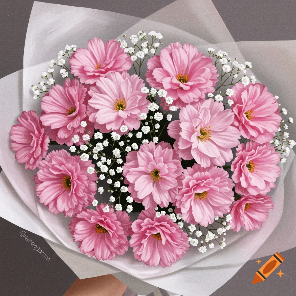 A bouquet of pink flowers and white baby's breath wrapped in ruffled white paper.