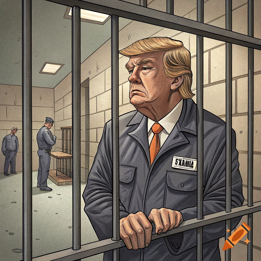 Cartoon illustration of a man resembling Trump in a prison uniform standing behind bars with guards in the background.