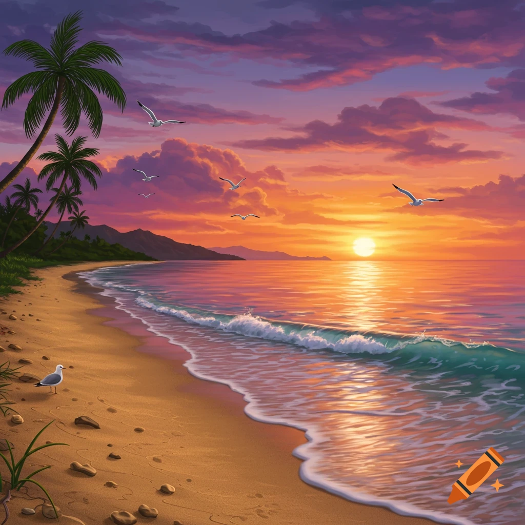 A tropical beach at sunset with waves, palm trees, and seagulls flying.