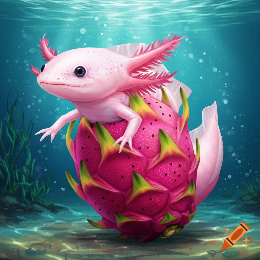 A pink axolotl sits on a large dragon fruit underwater.