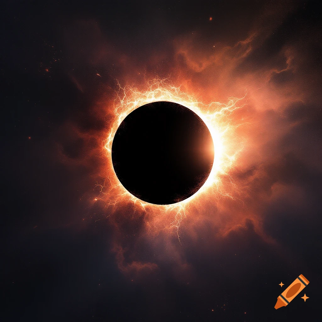 A solar eclipse with a fiery corona against stormy clouds and stars.