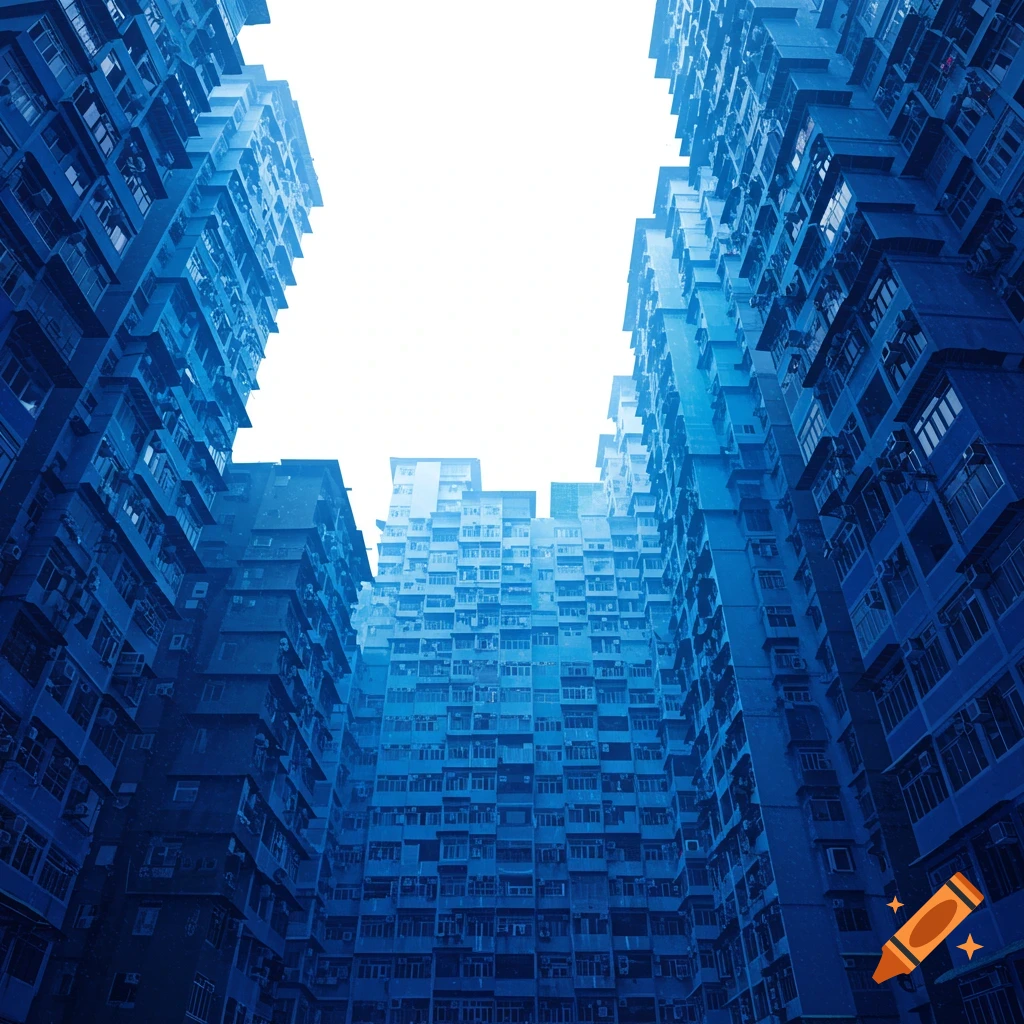 View looking up at tightly packed blue apartment buildings against a pure white sky.