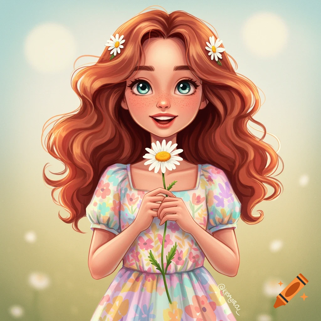A girl with red hair holding a daisy