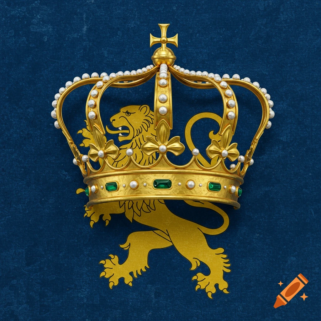A golden crown with pearls and gems sits above a stylized golden lion on a blue background.