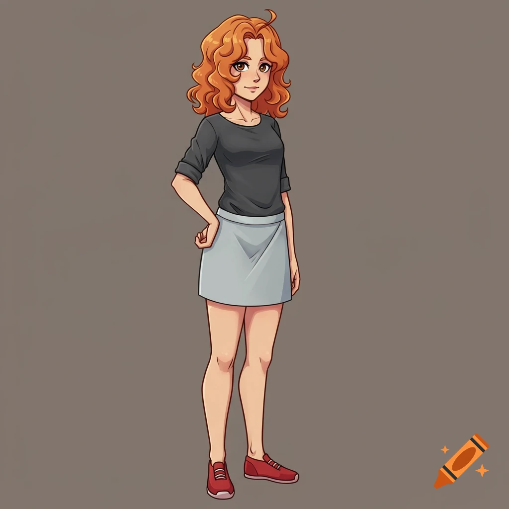 Anime illustration of a woman with orange curly hair wearing a grey shirt, grey skirt, and red shoes.