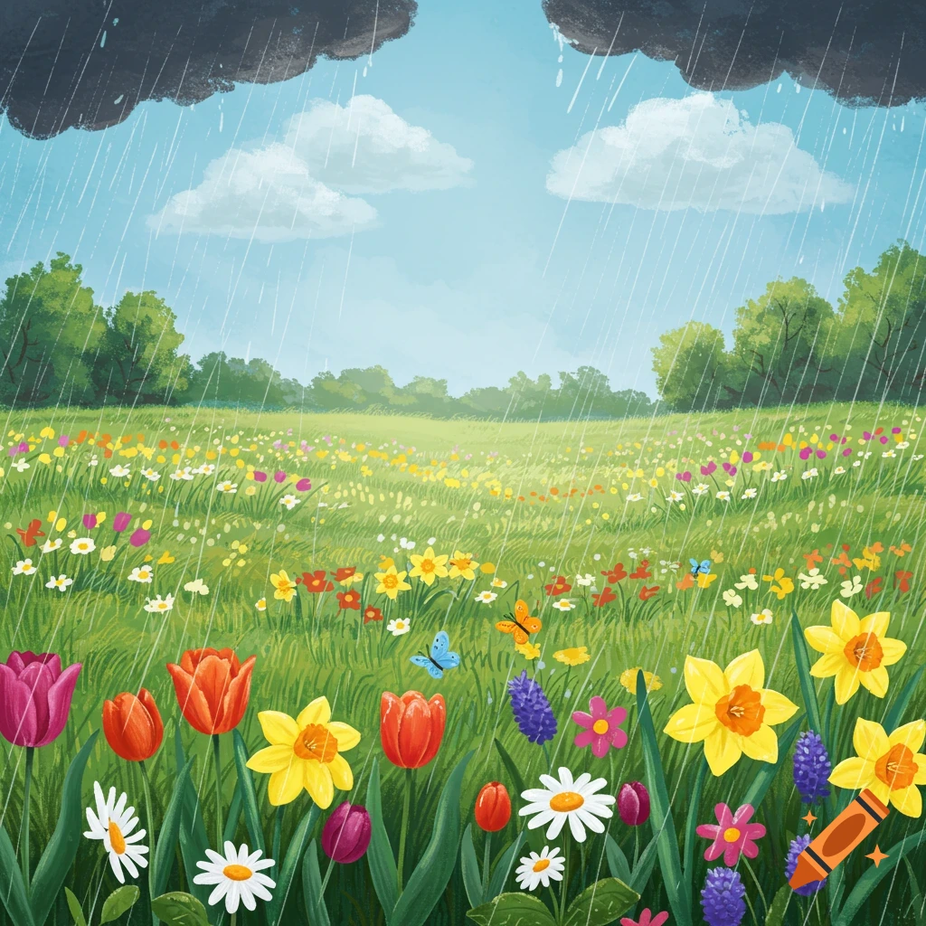 A spring meadow filled with colorful flowers and rain falling from dark clouds.