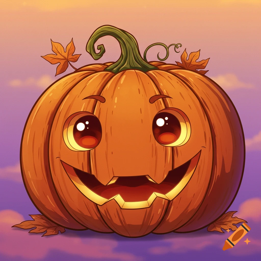 Cute anime pumpkin with big eyes and a smile against a sunset sky.
