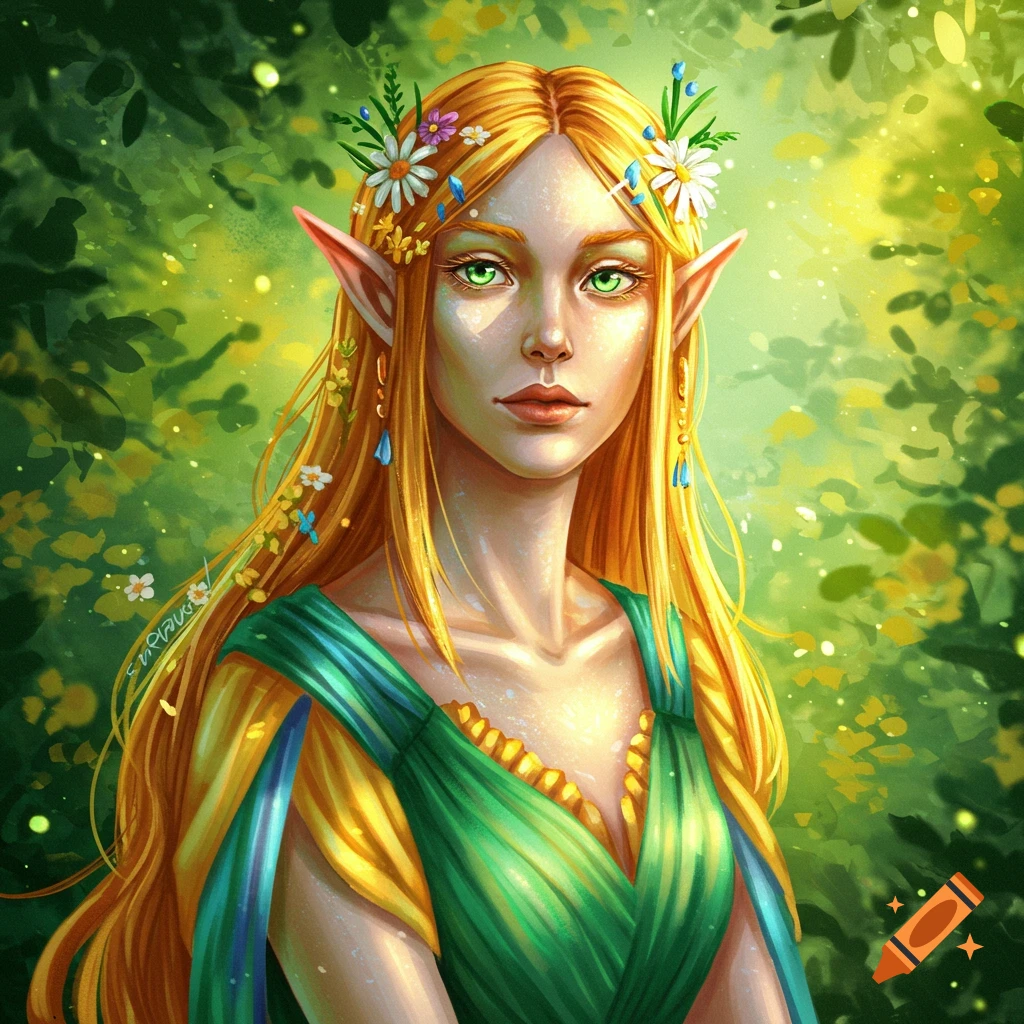 An elven woman with long blonde hair and flowers in her hair in a forest.