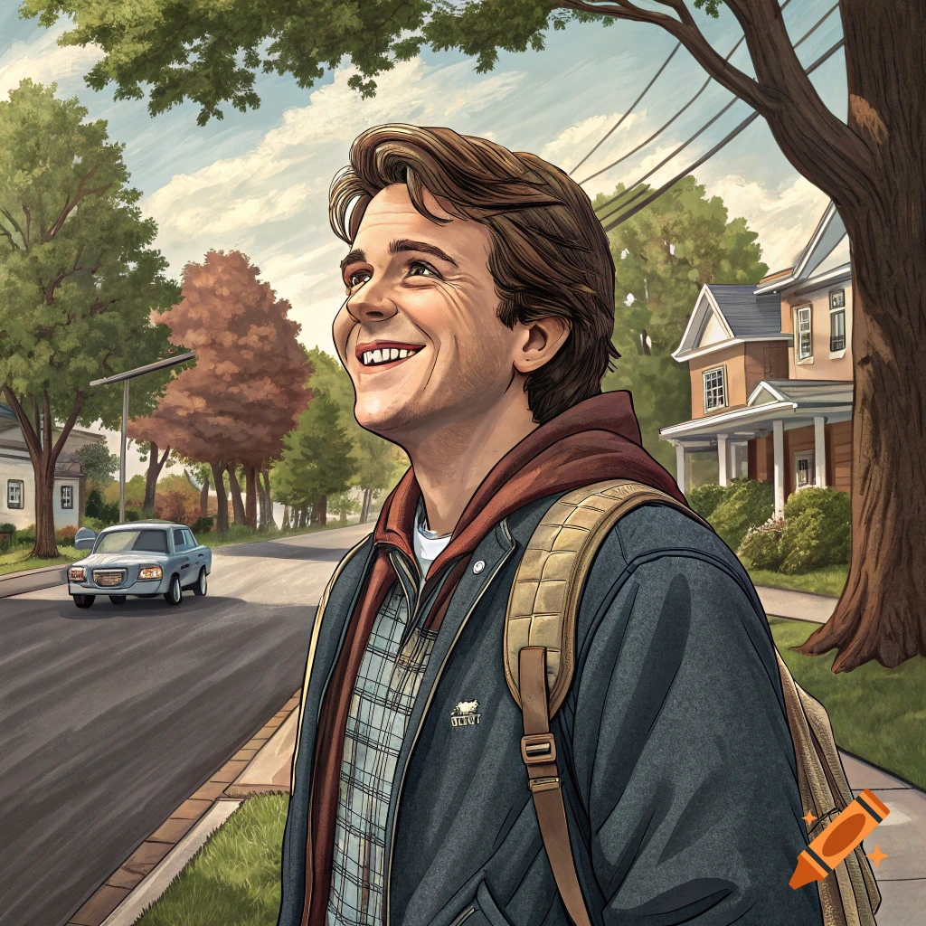 Illustration of a young man with a backpack smiling while walking on a suburban sidewalk.