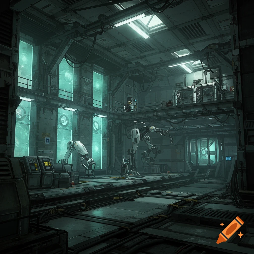 Concept art of a futuristic, dimly lit laboratory with robotic arms, glowing windows, and industrial machinery