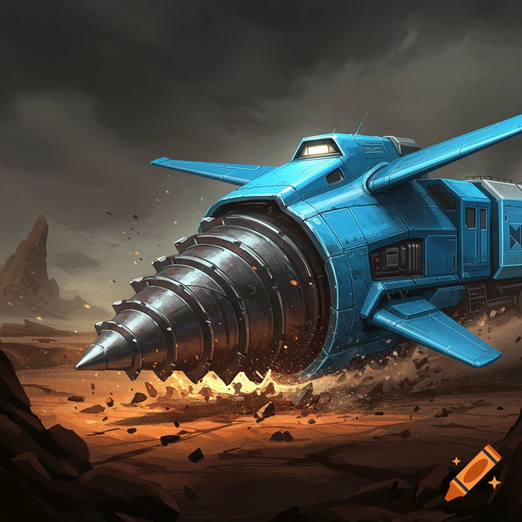 A futuristic blue drill-vehicle with wings is drilling into a rocky ground under a dark sky.