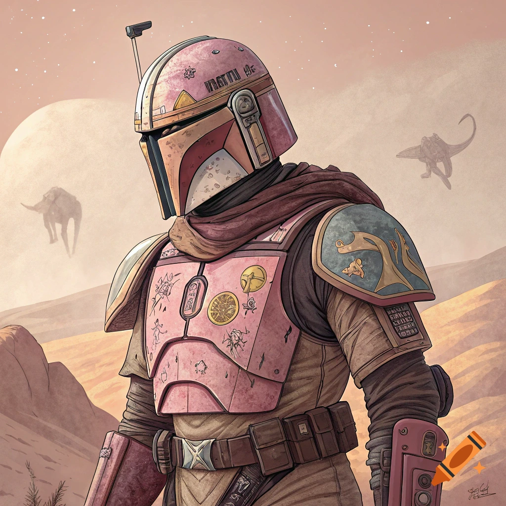 A character in pink Mandalorian-inspired armor stands in a desert landscape with two creatures.