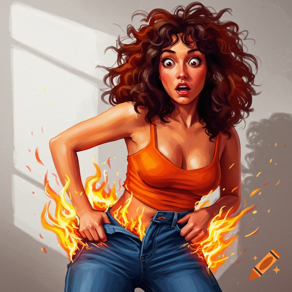 A startled woman is pulling down her jeans, with stylized flames erupting around her waist.