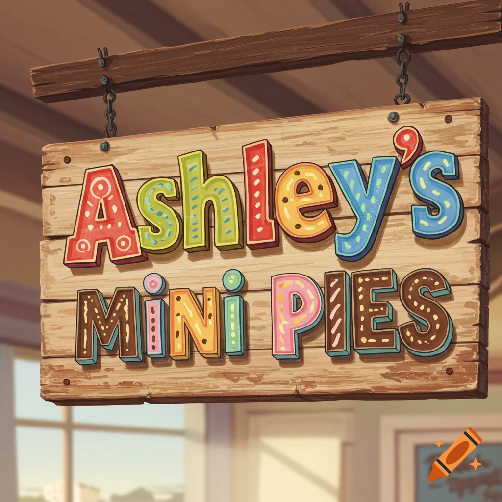 A colorful wooden sign reads Ashley's Mini Pies. on Craiyon