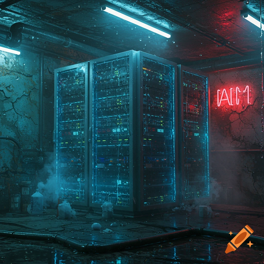 Server racks in a wet, grungy room with neon lights.