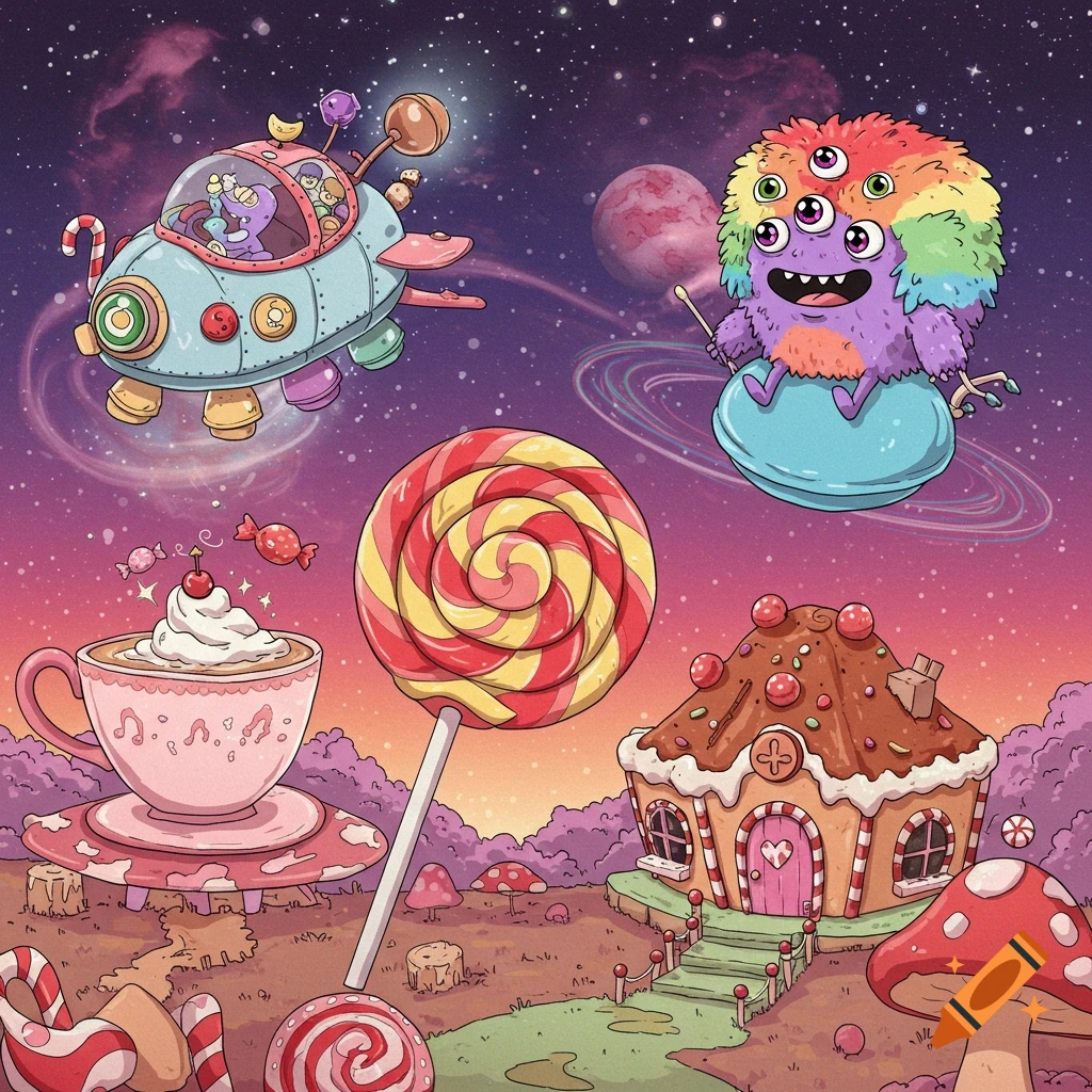 Cartoon illustration of candy-themed objects in space, including a monster, spaceship, lollipop, and gingerbread house.