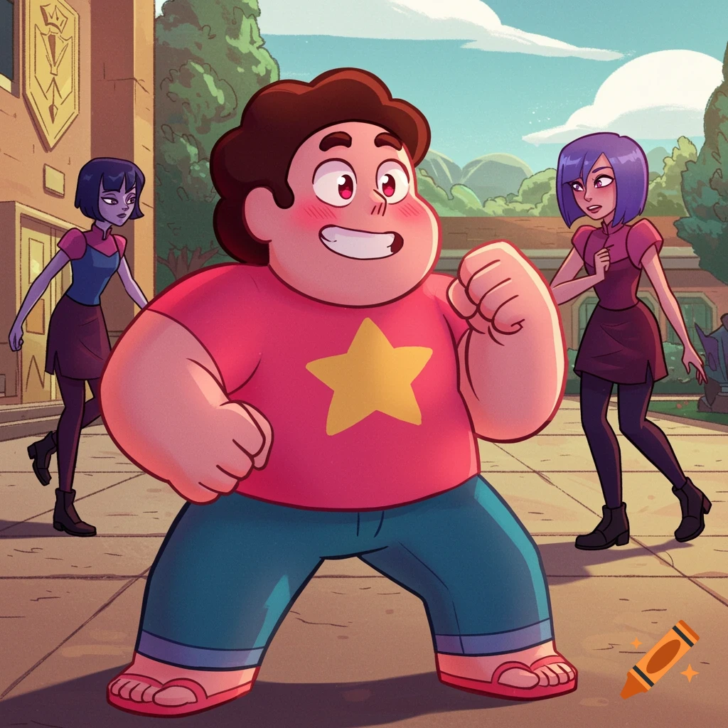 Cartoon image of Steven Universe standing confidently in a courtyard with two other characters in the background.