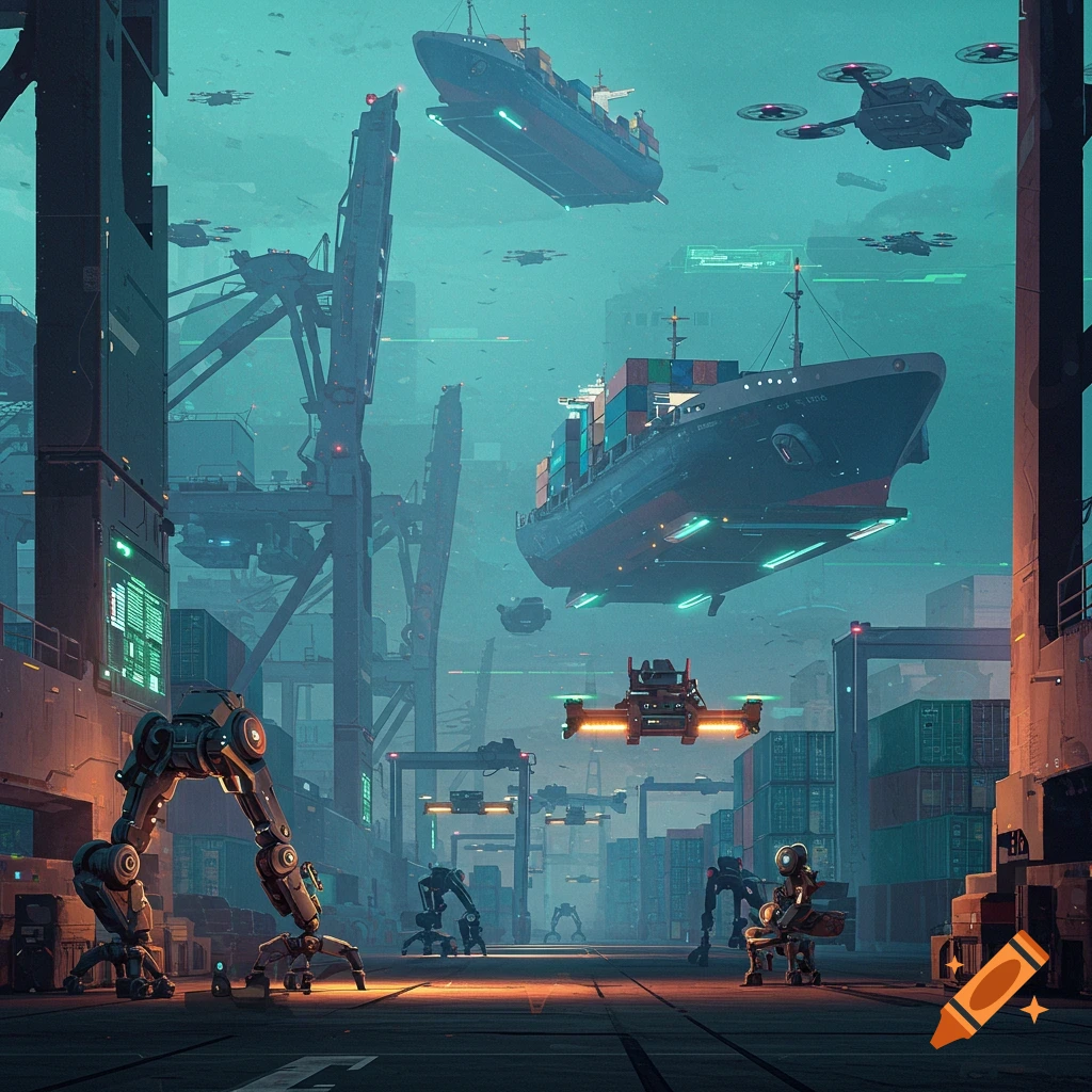 A futuristic shipping yard with flying cargo ships, robots, and drones.