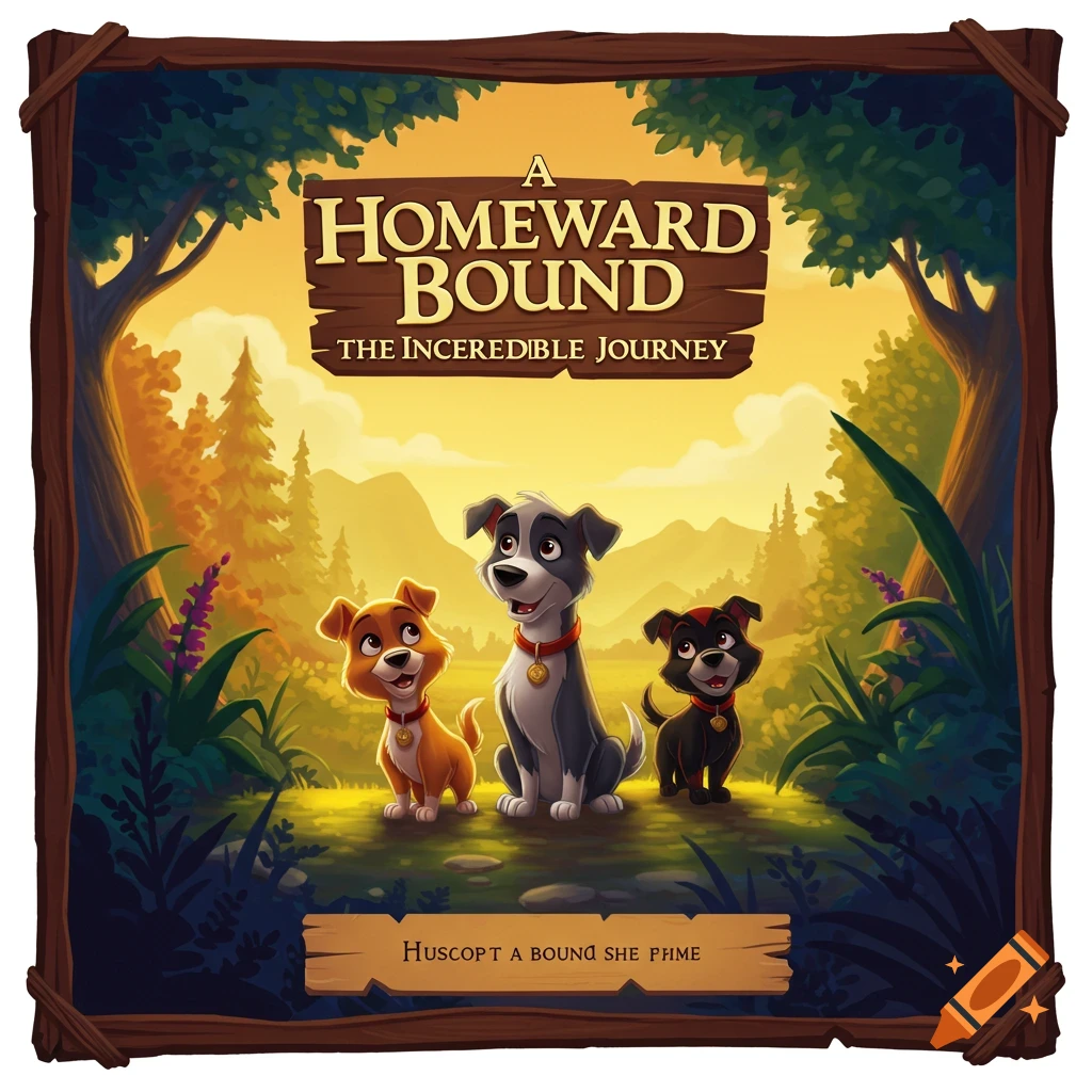 Digital illustration of three cartoon dogs in a forest, under a sign reading 'A Homeward Bound The Incredible Journey'.