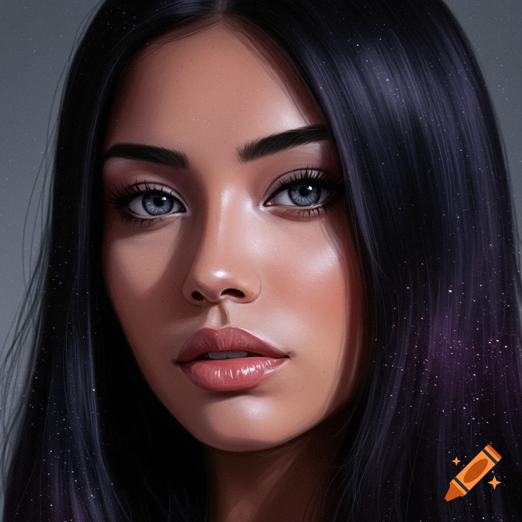 A woman with dark hair and gray eyes.