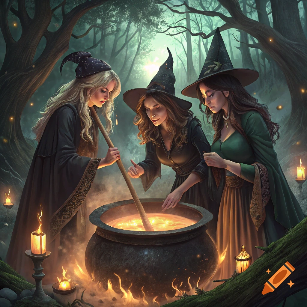 Three witches stir a bubbling cauldron in a dark, magical forest setting.