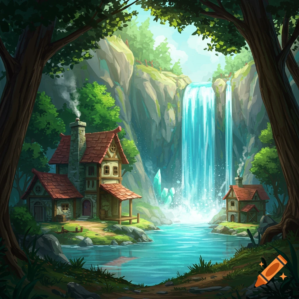 A small village nestled beside a waterfall and pond within a lush forest.