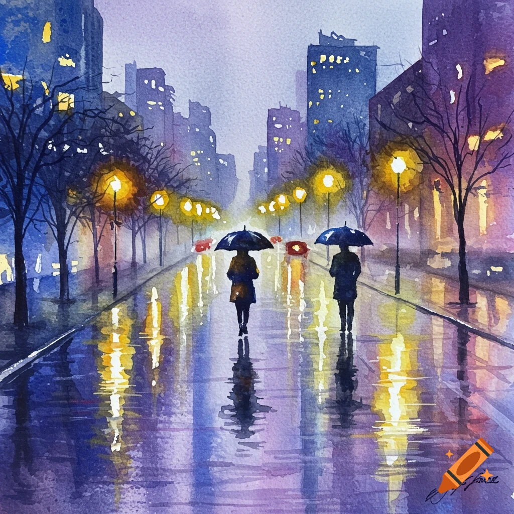 Watercolor painting of people with umbrellas on a wet city street at night.