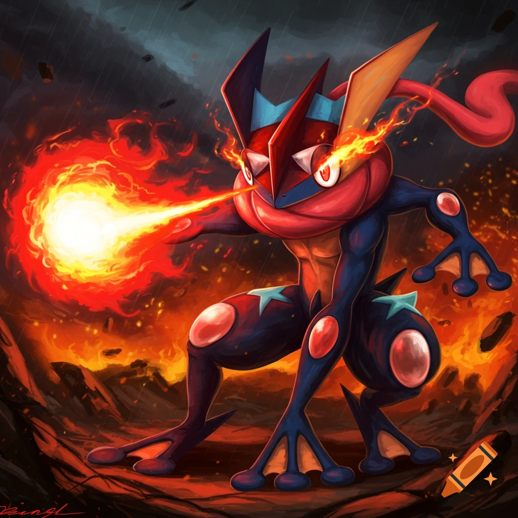 A depiction of the Pokemon Greninja spitting a large fireball. The background is dark and fiery with debris.
