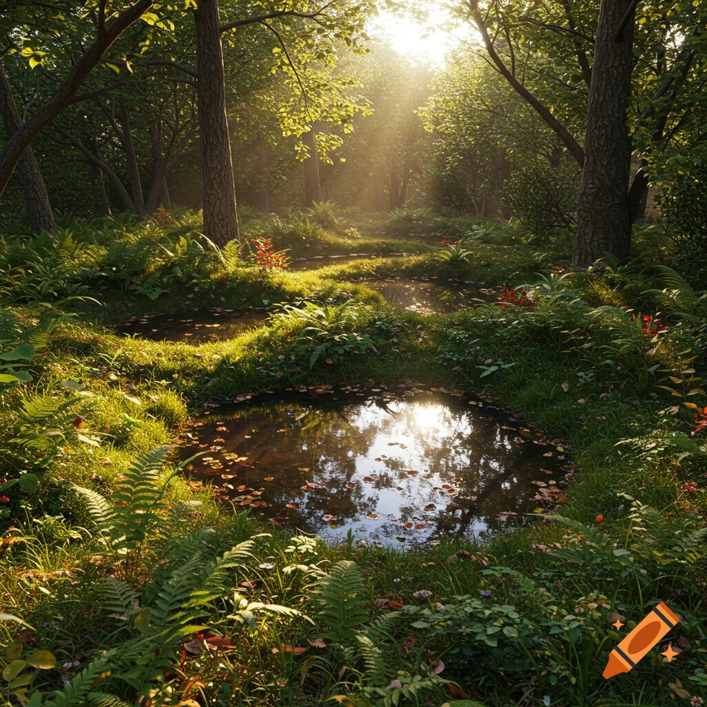 Sunlight filters through trees onto a forest floor with lush green ferns and small pools of water reflecting the sky. Photorealistic.