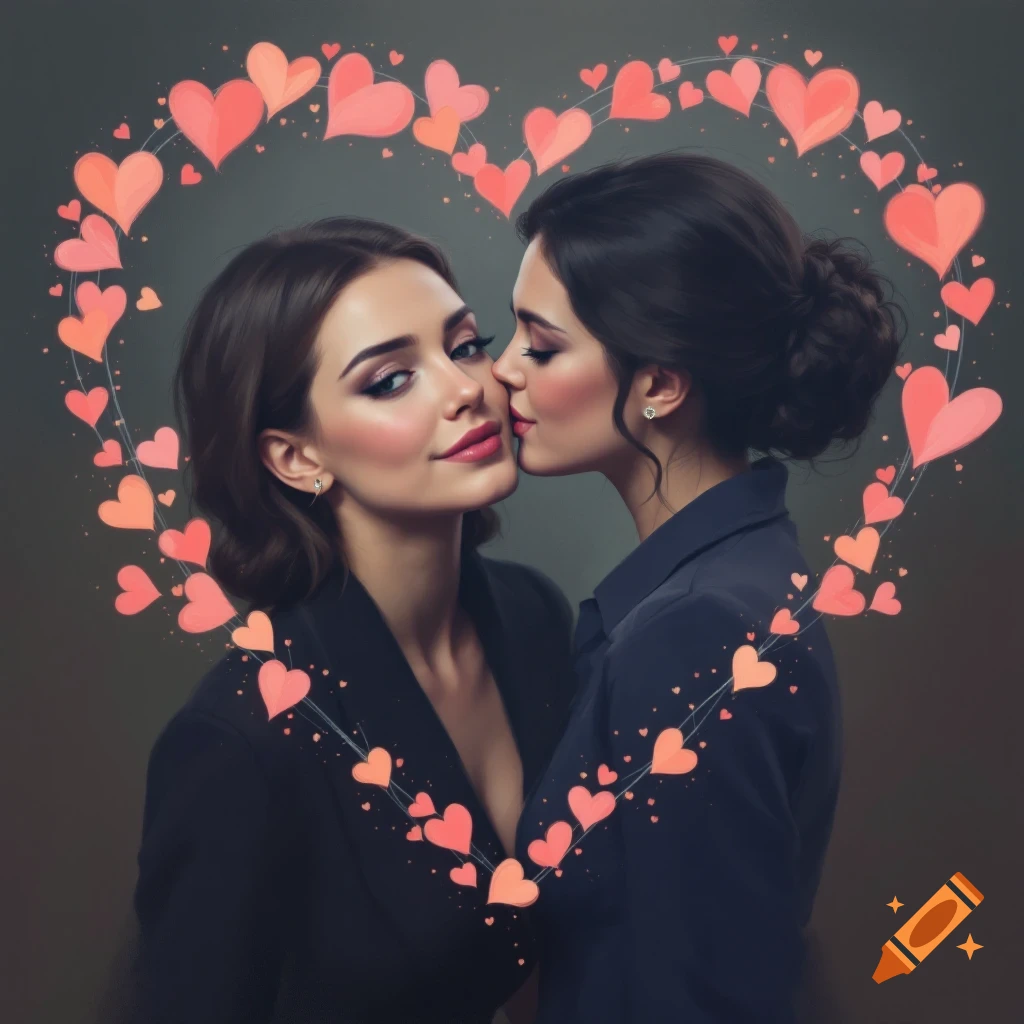 Two women embracing within a heart shape made of smaller hearts.