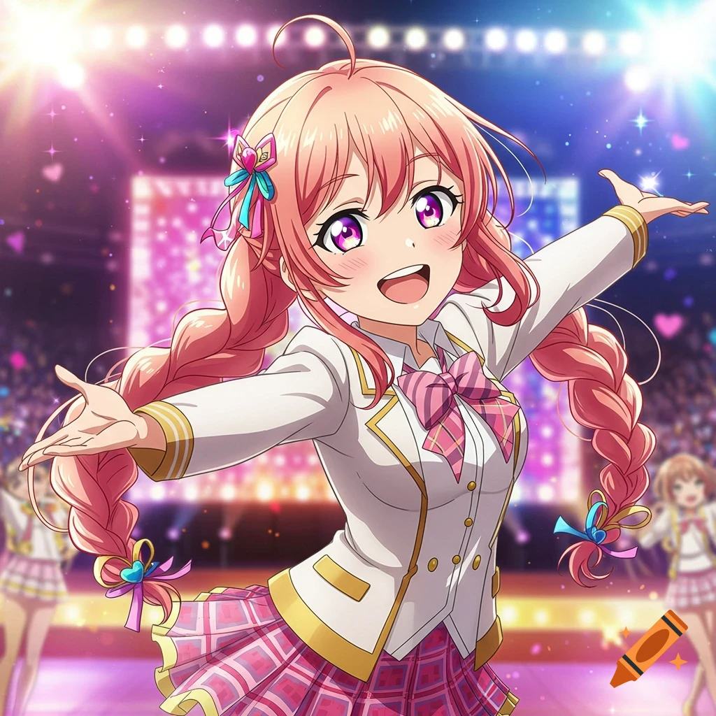 Anime girl with pink hair and pigtails performing on a stage.