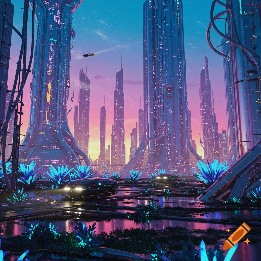 A futuristic city with tall glowing buildings, hovering vehicles, and glowing flora under a vibrant pink and blue sky.