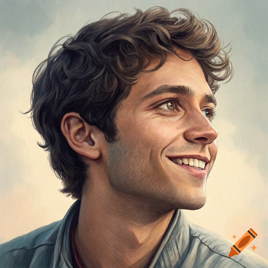 Close-up portrait of a young man smiling, looking up and to the right. The image has a painted or illustrated look.