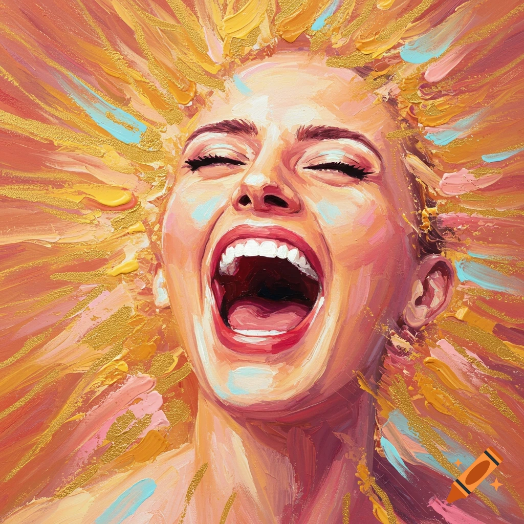 A woman intensely laughing with eyes closed, surrounded by energetic paint strokes.